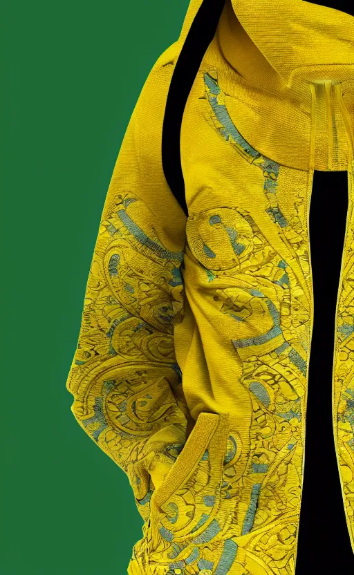 Image similar to hoodie, batik pattern, yellow, green, trendsetter, fashion of the year fiction, stability, intricate, elegant, 8 k, uhd, justify, artstation, concept art, matte, sharp focus, illustration, consistent, highly detailed object content, proportional object content