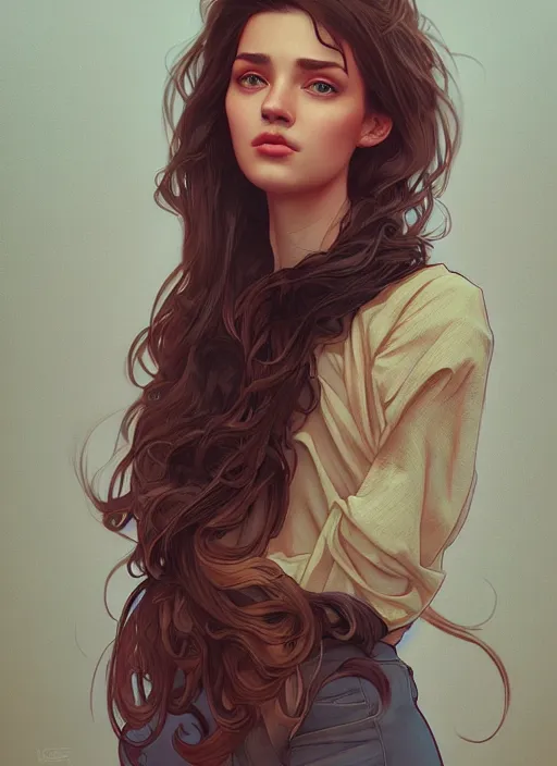 Image similar to handsome young women with shoulder length brown hair, half body shot, path traced, highly detailed, high quality, digital painting, alena aenami, lilia alvarado, shinji aramaki, karol bak, alphonse mucha, tom bagshaw