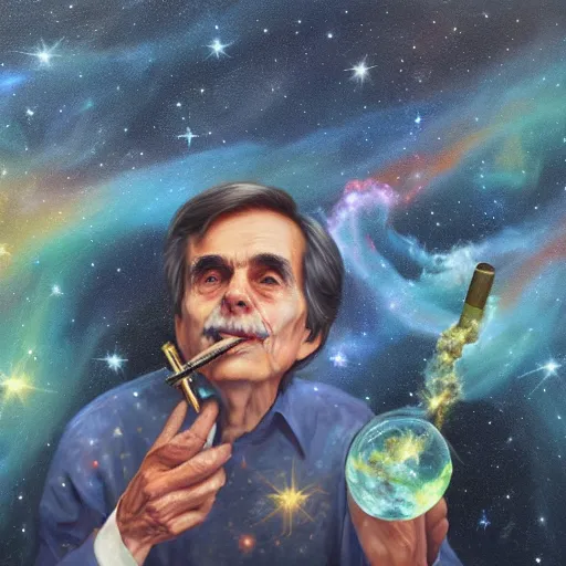 Prompt: an epic coherent oil painting of carl sagan smoking a bong, cloud of smoke, galaxies, nebulae, hubble, james webb space telescope, digital painting bioluminance / n 4