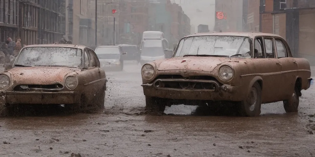 Prompt: street photography by saul leiter, in a muddy new york street, award winning photo of an ultra detailed dirty vintage ford car speeding very fast on mud, fast shutter speed, motion blur, tiny gaussian blur, highly detailed, highly intricate, depth of field, trending on top gear