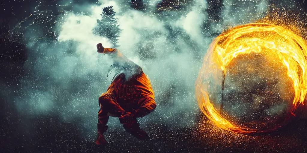 Image similar to VHS music video fisheye slow motion with lines of fire and smoke effect through a portal of futuristic break dancer wearing long dark cloak and golden helmet emitting fire and crystals, long exposure shot , enigmatic, at night half submerged by water, paddle of water, steam, fog, water splashes, rim lights, glossy reflections, water droplets on lens, octane render, Volumetric dynamic lighting, stunning cover magazine, high details, hajime sorayama