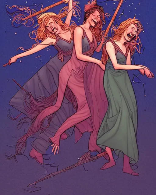 Prompt: fantasy comic cover art of a ( ( trio of witches ) ) laughing and dancing around a bonfire, detailed faces, illustration by jenny frison and sana takeda, intricate details, stunning inking lines, stunning gradient colors, 4 k, hd, artstation, award winning