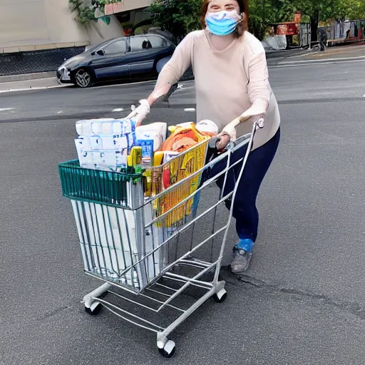 Image similar to happy raccoon pushing a grocery cart filled with medical supplies, a laptop and a face mask