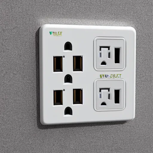 Prompt: a power outlet with 4 power sockets, each power socket has a different smart plug inserted into the socket