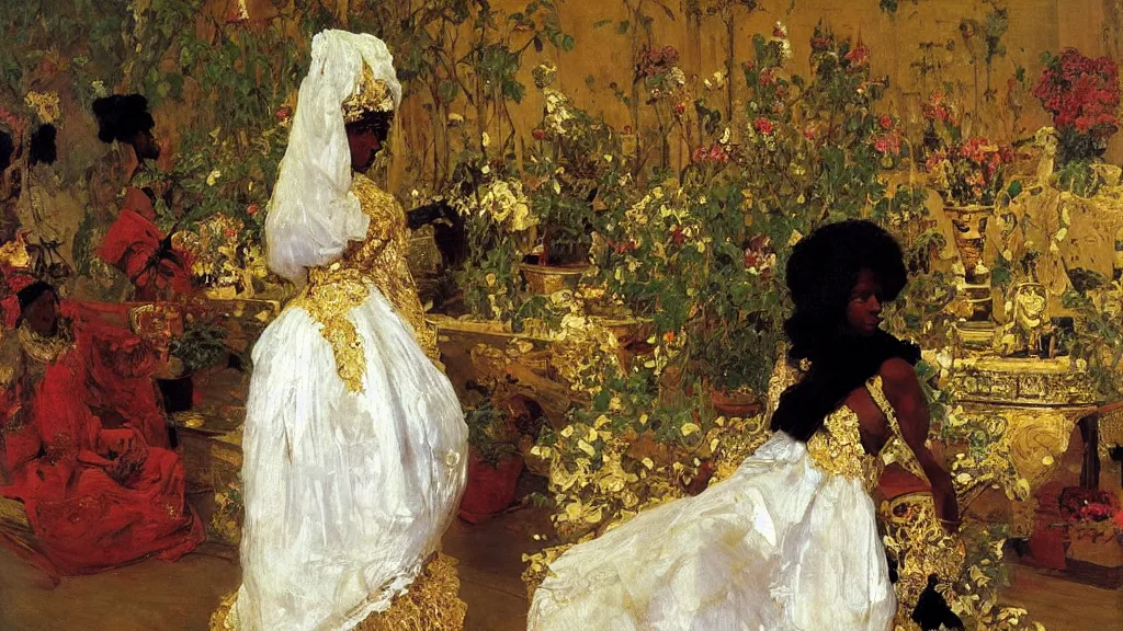 Image similar to high quality high detail painting by ilya repin, black woman in a white room with many plants, intricate costume design, orientalist, partially gold, ornate, elite, luxury, hd