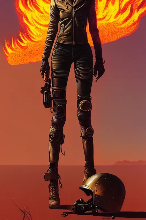 Image similar to a ultradetailed beautiful panting of post apocalyptic woman with motorbike in leather jacket with helmet in front of burning desert, anatomically correct, by ilya kuvshinov, greg rutkowski and makoto shinkai, trending on artstation