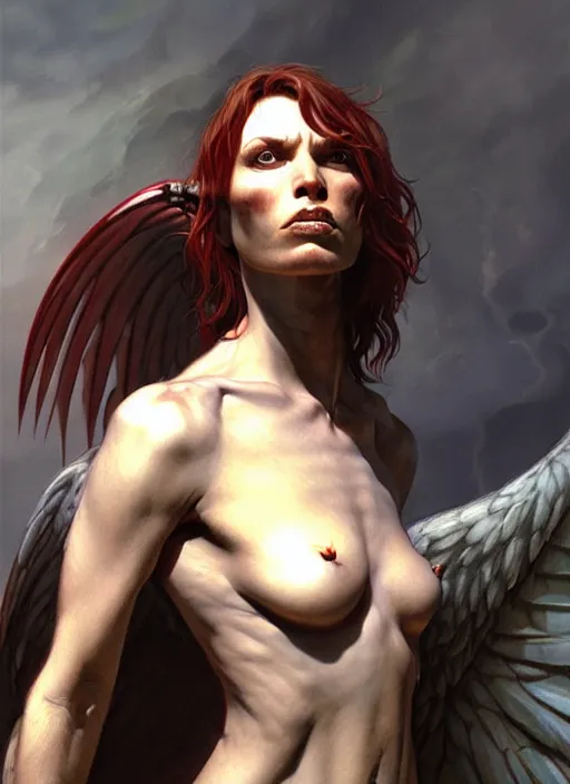 Image similar to harpy, full body, savage, realistic, dnd character art portrait, dark fantasy art, matte fantasy painting, deviantart artstation, by jason felix by steve argyle by tyler jacobson by edgar maxence and caravaggio and michael whelan and delacroix