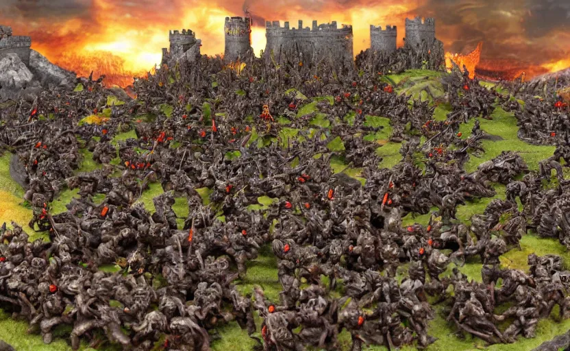 Image similar to diorama of minions fighting orcs in the battle of helm's deep, giant castle walls, realistic, 4 k, detailed