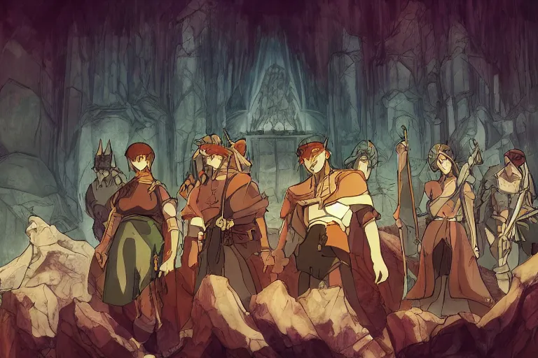 Image similar to cell shaded key visual of a group of adventurers in the throne room of the demon king, dramatic lighting, in the style of studio ghibli, moebius, makoto shinkai,