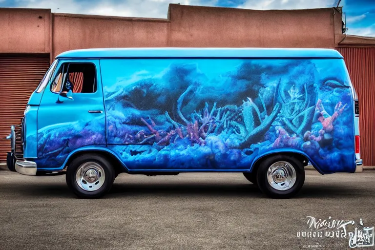 Image similar to a super wide shot photo of a dark blue metallic 1 9 7 2 chevy g 1 0 panel van parked in a garage with an awesome airbrushed scene of a monster made of colorful coral reef emerging from the sea, 8 0 s synthwave, airbrushed, trapper keeper, lightning, explosions, creature design, monster, dinosaur, sony 1 4 mm f 8. 0