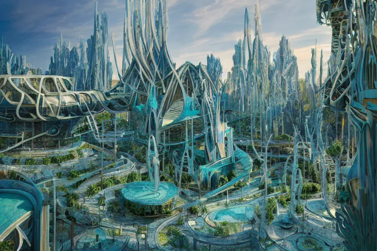 Prompt: highly detailed futuristic architecture by frank lloyd wright and antoni gaudi, reflective lighting, holographic, stylized vegetation, ground - level view, puddles of turquoise water, stunning sunny lighting, sunrise, by vincent van gogh and john berkey, 8 k, matte painting, ray tracing, unreal engine 5, octane render, cyberpunk, vibrant