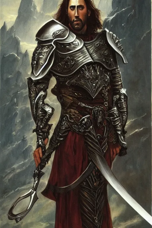 Image similar to Nicholas Cage as a paladin holding a longsword, detailed fantasy art by Gerald Brom