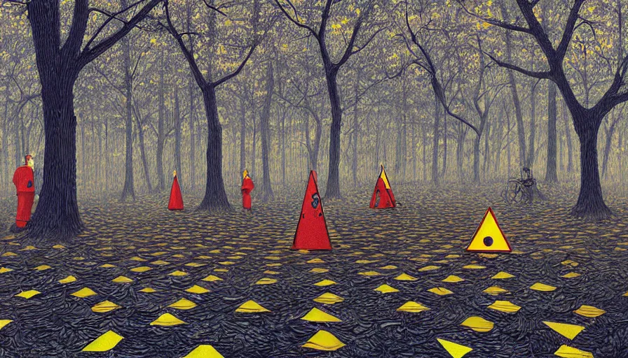 Prompt: safety cones scattered around an oak tree forest, checkered floor, by james jean by ilya kuvshinov kintsugi, hyper detailed surrealist painting