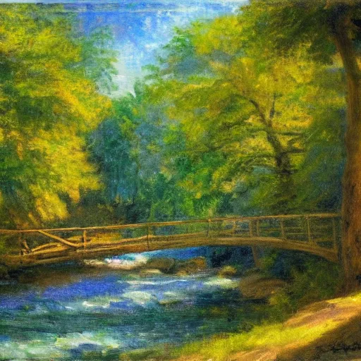 Image similar to a small bridge going over a narrow river stream in a summer forest, Impressionism painting, dramatic, sunlight rays