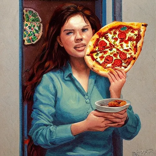 Prompt: A beautiful assemblage of a young lady with a serious case of the munchies, eating an entire pizza while sitting in front of an open refrigerator. azulejo, autumn by Mordecai Ardon, by Mark Keathley, by Kim Jung Gi composed