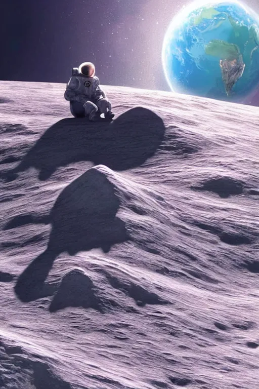 Image similar to Man sitting on the moon with a view of the earth in the background, elegant, digital painting, highly detailed, artstation, concept art, smooth, sharp focus, illustration, art by artgerm and greg rutkowski.