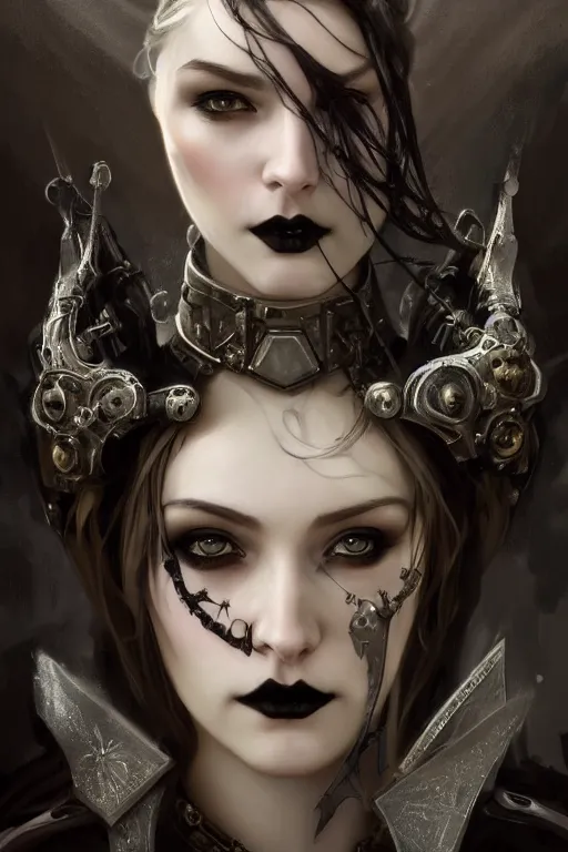 Prompt: beautiful and gothic and evil and luxury and dieselpunk young medieval female knight portrait +smoky eyes+front face with light flowing hair, ultradetail face, art and illustration by tian zi and craig mullins and WLOP and alphonse mucha, fantasy, intricate complexity, human structure, human anatomy, fantasy character concept, watermark, blurry, hyperrealism 8k