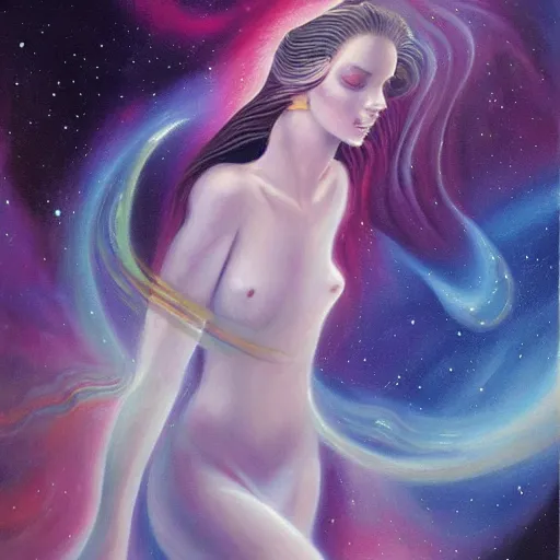 Image similar to A beautiful painting of feminine cosmic being with a nebula as its body by Jim Burns, Trending on artstation.