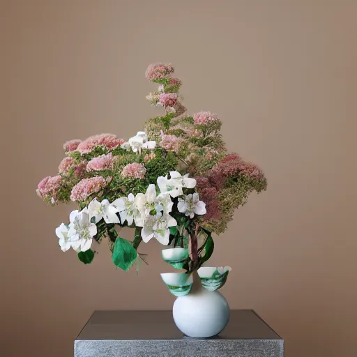 Prompt: a photo of 8k Ikebana in flower vase, ikenobo, ohararyu, sougetsu, wide angle, sony a7r3, ultra detail, photorealistic, in simple background