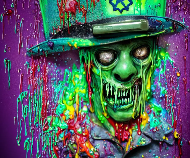 Image similar to beautiful 3 5 mm photograph of a slimy rotting zombie wearing a police uniform and police hat covered in colorful wet goop, dripping with colorful liquid, policeman, cop, biocop, intricate details, dark ambient, service cap, atmospheric, movie poster, poster, horror, elegant, super highly detailed, professional digital photo, artstation, concept art, 8 k