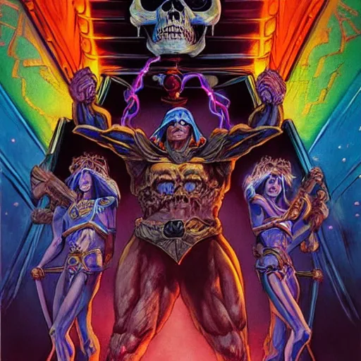 Image similar to masters of the universe, skeletor destroying sacred rainbow gates covered in illuminated Hebrew hieroglyphics