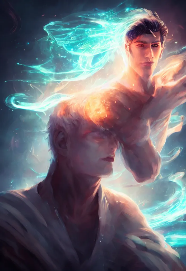 Image similar to a human elemental sorcerer, blurred environment background, magic effects, white skin, portrait, male, sharp focus, digital art, concept art, post processed, dynamic lighting, by emylie boivin and rossdraws