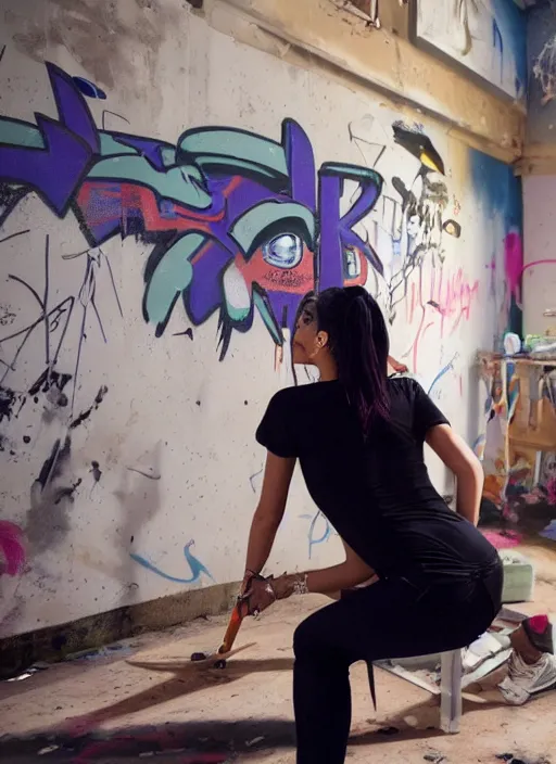 Prompt: film still of kylie Jenner doing a graffiti mural, derelict house, cinematic lighting, cinematic, rear pov,