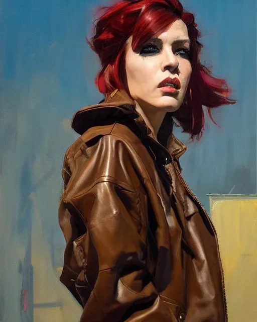 Image similar to greg manchess portrait painting of a punk woman in a leather bomber jacket, medium shot, asymmetrical, profile picture, organic painting, rainy night, matte painting, bold shapes, hard edges, street art, trending on artstation, by huang guangjian and gil elvgren and sachin teng