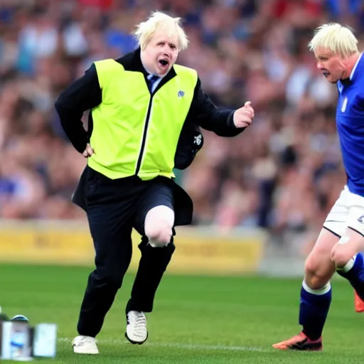 Prompt: a photo of Boris Johnson playing soccer in a Premier League match