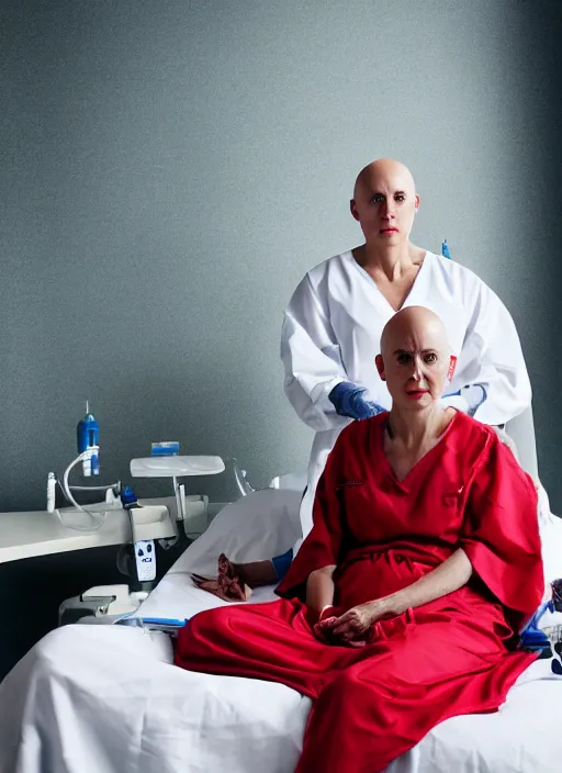 Image similar to medium shot, photo of a beautiful bald 4 0 year old woman hospital patient sitting in a hospital room, wearing a hospital gown, with an iv drip, hopeful. studio lighting, 3 5 mm, marketing photo by charlie waite, max rive, caroline foster.