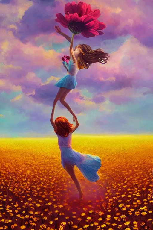 Image similar to giant daisy flower as head, girl dancing in a flower field, surreal photography, sunrise, dramatic light, impressionist painting, colorful clouds, digital painting, artstation, simon stalenhag