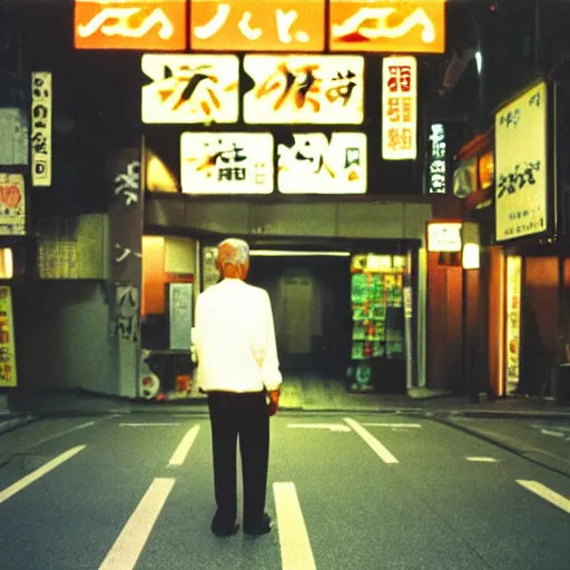 Prompt: landscape, old man in tokyo at night, wearing gold chain, gold rings, cinestill 8 0 0,