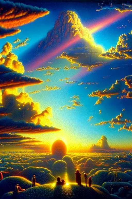 Prompt: a photorealistic detailed cinematic image of a beautiful vibrant iridescent future for human evolution, spiritual science, divinity, utopian, cumulus clouds, ornate wildlife preservation, isometric, by david a. hardy, kinkade, lisa frank, wpa, public works mural, socialist