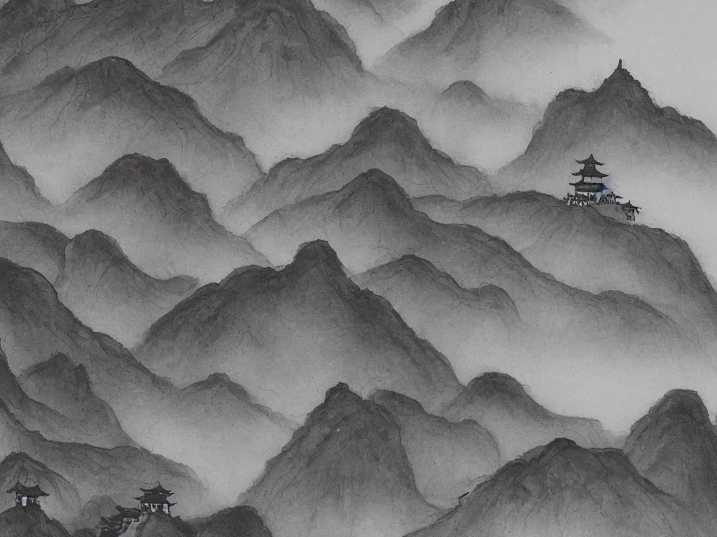 Prompt: a beautiful black ink painting of the mountainous landscape of huangshan with a buddisht temple on the hilltop on a rainy day, with a monk with a walking stick. closeup