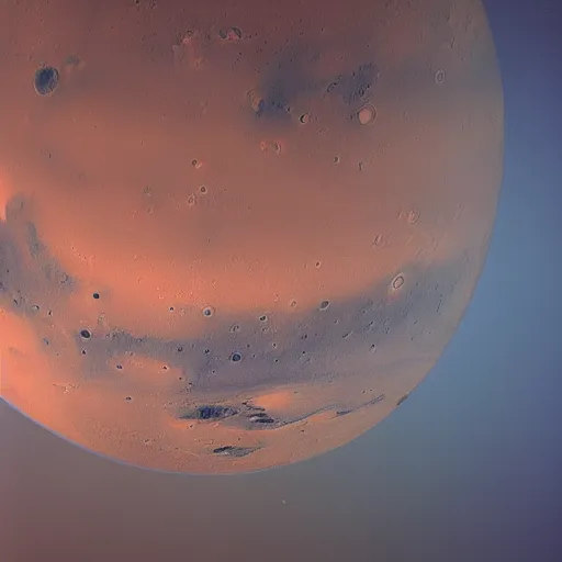 Image similar to View of Mars with blue atmosphere from pole to pole. Visible north polar cap.