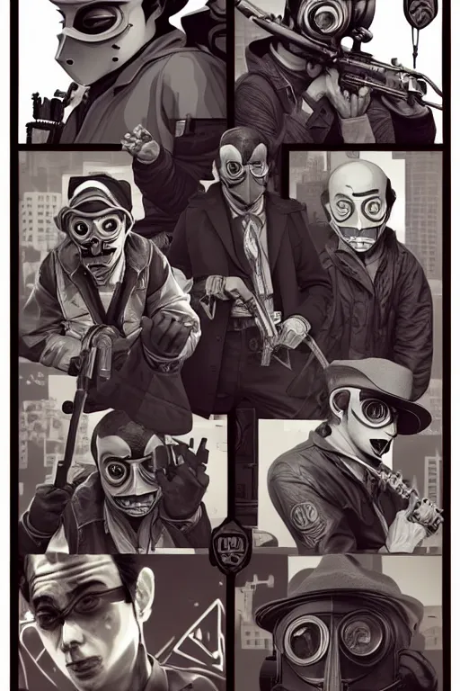 Image similar to 8 k hd wolf gangs use gray bandana, riffle, some of them use gask mask, gray hoodie, group photos, pop art, pixel, bioshock art style, gta chinatown art style, 8 k uhd character details, 8 k uhd art by artgerm richard hamilton and mimmo rottela