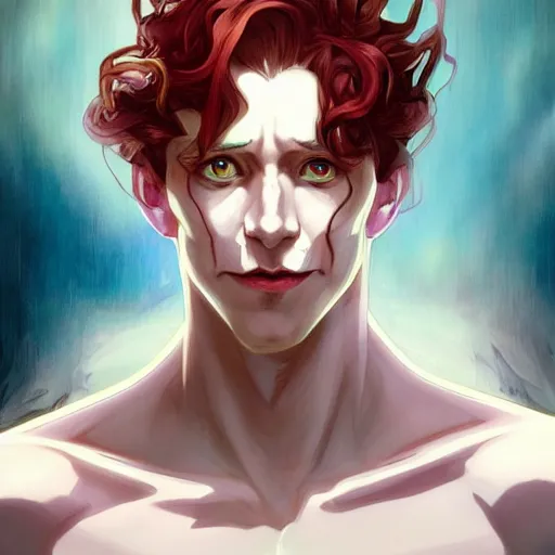 Prompt: hisoka, young tom hiddleston, cel - shaded animesque art by artgerm and greg rutkowski and alphonse mucha, smooth white skin, smirking face, reddish hair, d & d, fantasy, feminine portrait, highly detailed, digital painting, trending on artstation, concept art, sharp focus, illustration