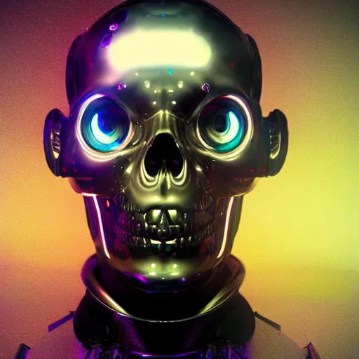 Image similar to a cyborg skull with holographic eyes. 3D octane render.