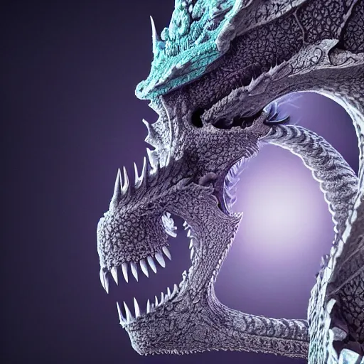 Prompt: Macro photography of fractal dragon scale, fantasy skull, intricate ornate details, mandelbrot, octane render, 8k, high quality, volumetric lighting, smooth surface render