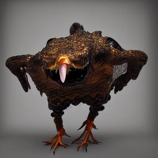 Image similar to caught with a 6 legged oil teeth chicken, hyper detailed, photorealistic, octane render, trending at gitmo, 8 k.