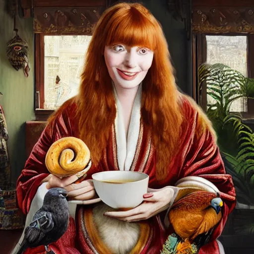 Image similar to a stunning hyper-detailed photorealistic painting of only one slender beautiful smiling woman with long ginger hair and bangs, wearing a luxurious silk robe, wearing headphones and posing with her large ginger tabby cat and her raccoon and parrots in an overstuffed easy chair in her sunlit victorian living room, holding a porcelain parrot-shaped coffee mug and a donut, perfect eyes, fashion photography, cinematic lighting, octane render, IBEX Masters, unreal engine, 85 mm lens, paisley wallpaper