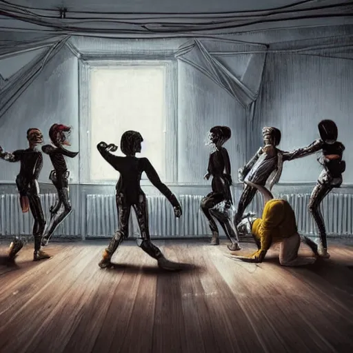 Image similar to group of cyborgs dancing in a 1 8 th century room in the sky, in different depth, one cyborg eating snacks close to camera, large windows, modern city outside of big windows, daytime, happy, cables everywhere, cables on walls, detailed, wooden parquet, old furniture, childrens book illustration