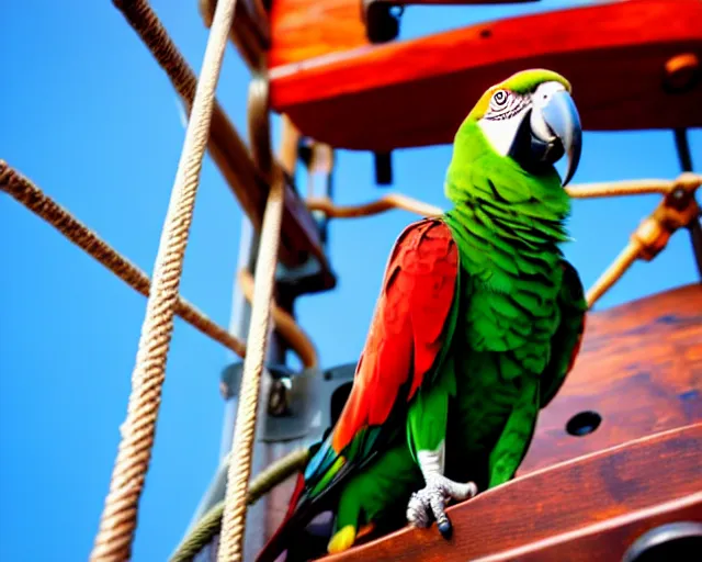 Prompt: low angle photo of a parrot on a pirate ship, rule of thirds