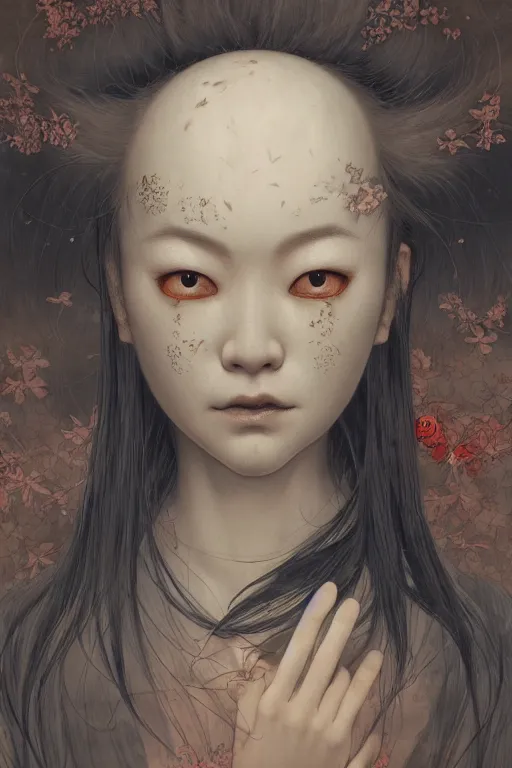 Image similar to a portrait of a japanese ghost illustrated by miyazaki by karol bak, james jean, tom bagshaw, rococo, sharp focus, trending on artstation, cinematic lighting, hyper realism, octane render, 8 k, hyper detailed, vivid, ultra detailed, highly detailed