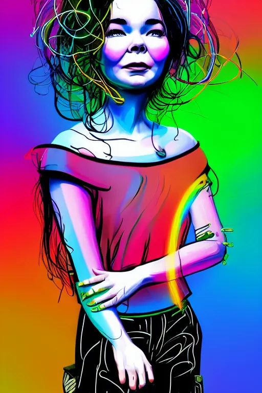 Image similar to a award winning portrait of the musician bjork, beautiful woman with stunning eyes in a one off shoulder croptop and cargo pants with rainbow colored hair, outlined by whirling illuminated neon lines and fine lines swirling in circles by ilya kuvshinov, digital art, trending on artstation