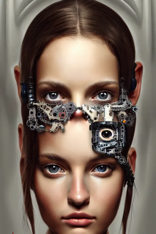 Image similar to a photorealistic painting of an attractive young girl, partially covered in cyborg and robotic mechanical parts, olive skin, long dark hair, beautiful bone structure, symmetrical face, perfect eyes, intricate, elegant, digital painting, concept art, illustration, sharp focus, in the style of Diego Velázquez