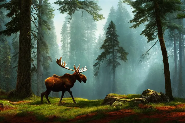 Image similar to a moose in the forest, beautiful dynamic lighting, cinematic, wide angle establishing shot, extremely high detail, photo realistic, cinematic lighting, post processed, concept art, artstation, matte painting, style by frederic church, raphael lacoste