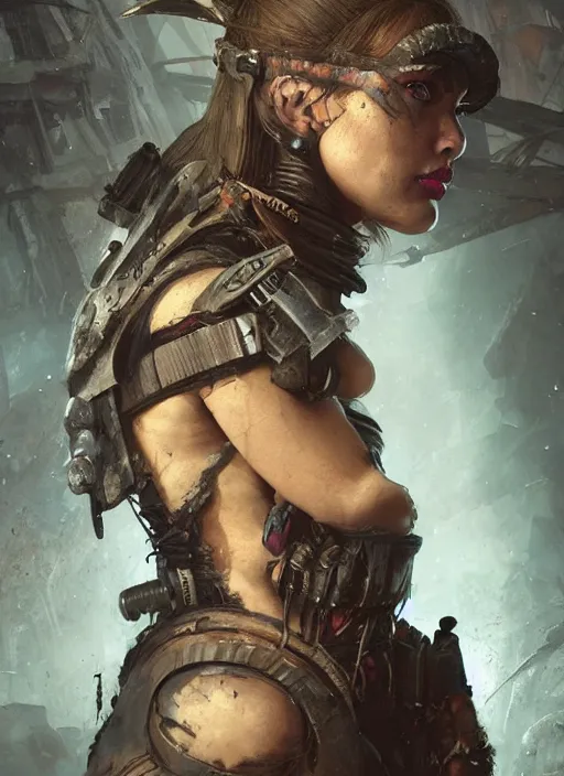 Image similar to hyper realistic photography portrait of postapocalyptic cyberpunk pagan medieval tribal festival warrior curvy partygirl valkyr face cinematic, vallejo, craig mullins greg rutkowski, artstation, cgsociety