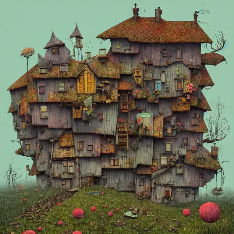 Image similar to house by alibaba, art by gediminas pranckevicius, geof darrow, dark shadows, hard lighting, floralpunk, inking, etching, screen print, masterpiece, trending on artstation, sharp, pastel high contrast hd, 8 k hyper detailed