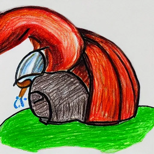 Image similar to Kid's drawing of a Hermit crab with a mustahce